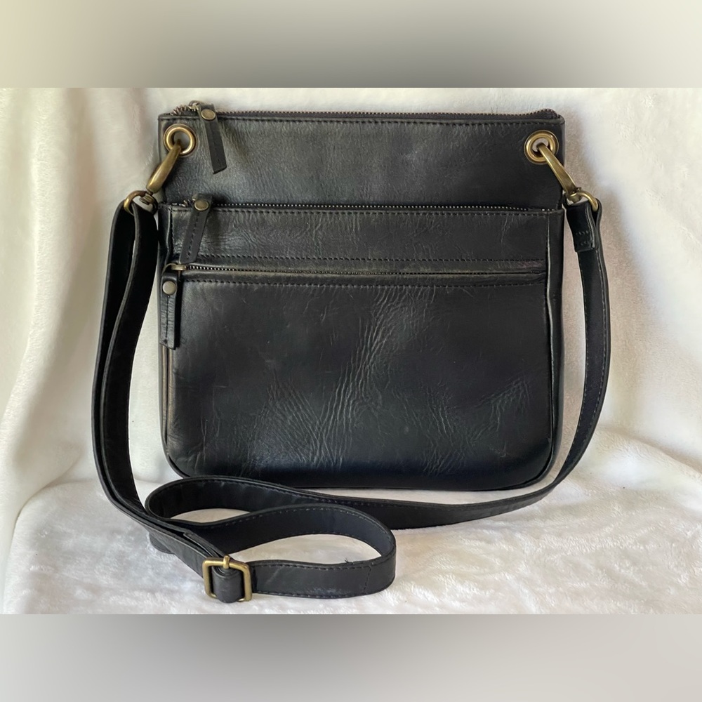 Fat Face Black Leather crossbody purse messenger bag